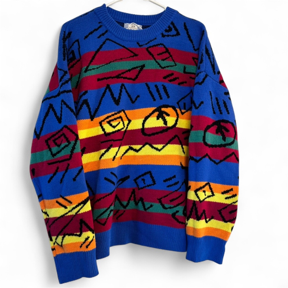 UER Designed Korea Retro Print Colorful Stripe Knit Crewneck Sweater Men Large
